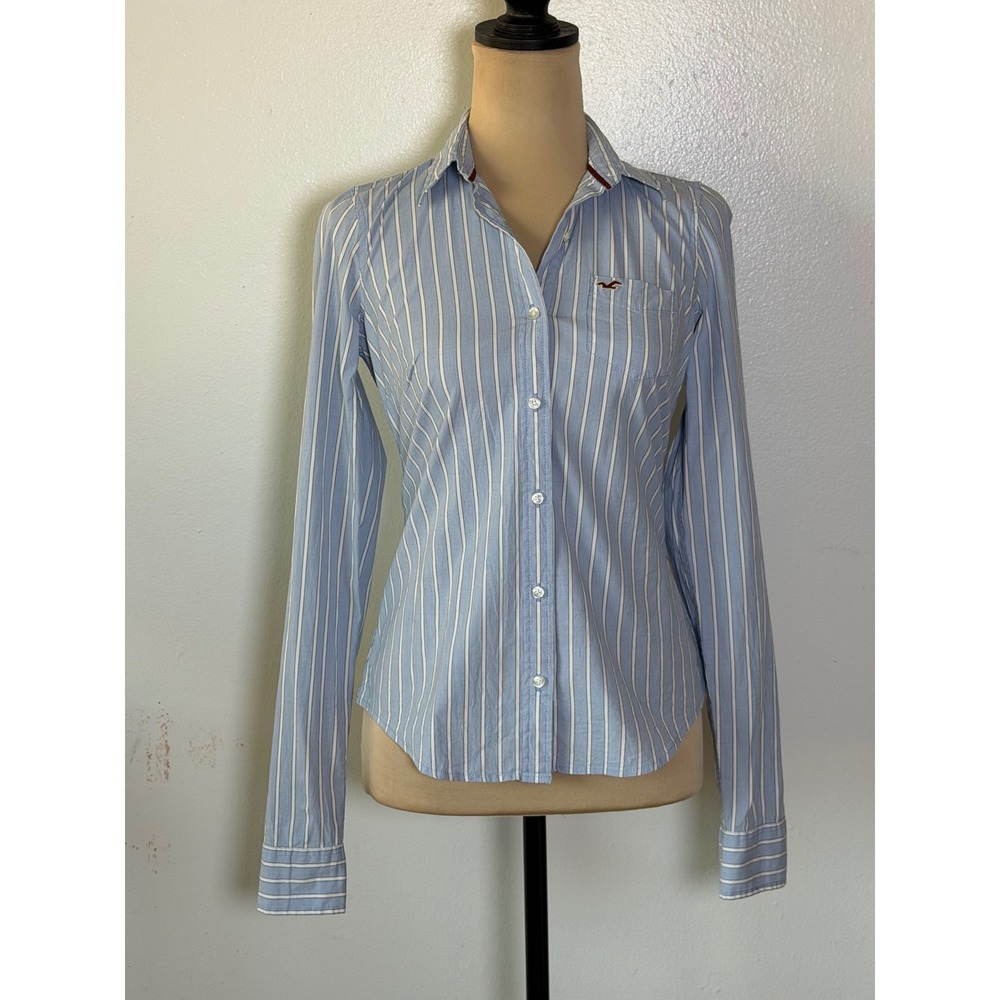 Hollister Women's Small Blue White Striped Stretch Button Down Shirt